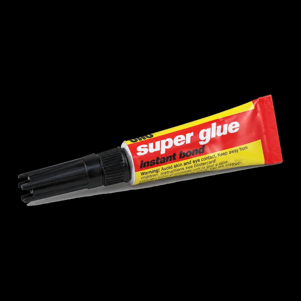 Ilustracija starejše tube lepila UHU Super glue 3 ml v znani sprednji legi. Drobni opozorilni tisk je povzet iz omejeno ločljive izvirne reference in ni v celoti berljiv.